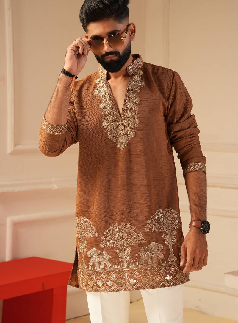 Tan v_neck kurta for men sort kurta