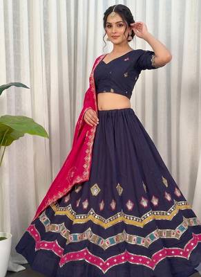 Navratri Special Navy Blue Cotton Lehenga Choli with Hot Pink Dupatta & Heavy Embroidery 1