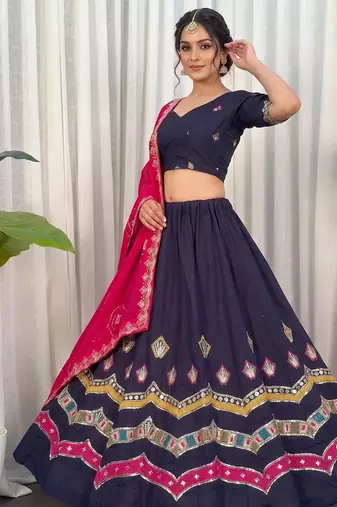 Navratri Special Navy Blue Cotton Lehenga Choli with Hot Pink Dupatta & Heavy Embroidery