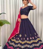 Navratri Special Navy Blue Cotton Lehenga Choli with Hot Pink Dupatta & Heavy Embroidery