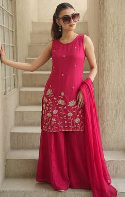 Women's Beautiful Embroidery Work French Crepe Fabric Straight Kurta Sharara and Dupatta Set 1