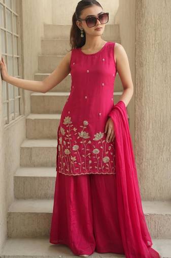 Women's Beautiful Embroidery Work French Crepe Fabric Straight Kurta Sharara and Dupatta Set