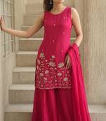 Women's Beautiful Embroidery Work French Crepe Fabric Straight Kurta Sharara and Dupatta Set