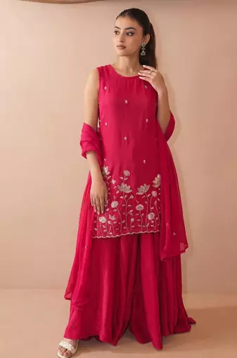 Women's Beautiful Embroidery Work French Crepe Fabric Straight Kurta Sharara and Dupatta Set