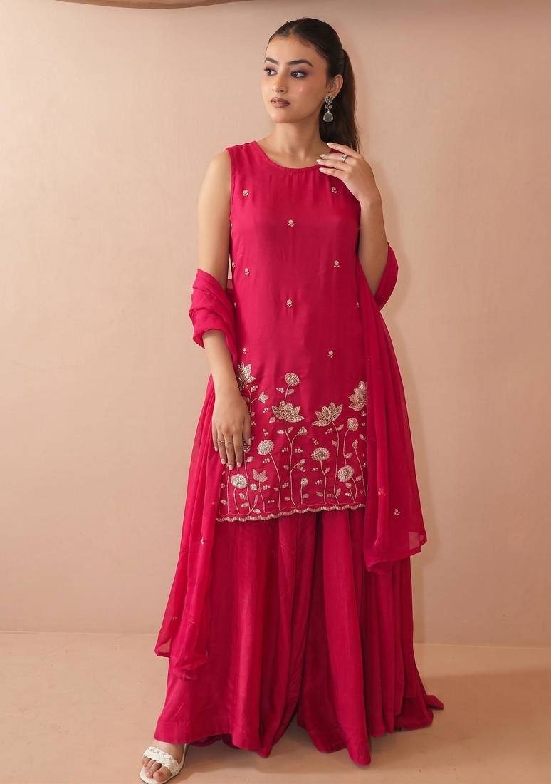 Women's Beautiful Embroidery Work French Crepe Fabric Straight Kurta Sharara and Dupatta Set