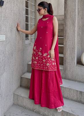 Women's Beautiful Embroidery Work French Crepe Fabric Straight Kurta Sharara and Dupatta Set 4