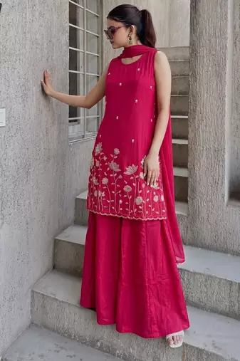Women's Beautiful Embroidery Work French Crepe Fabric Straight Kurta Sharara and Dupatta Set