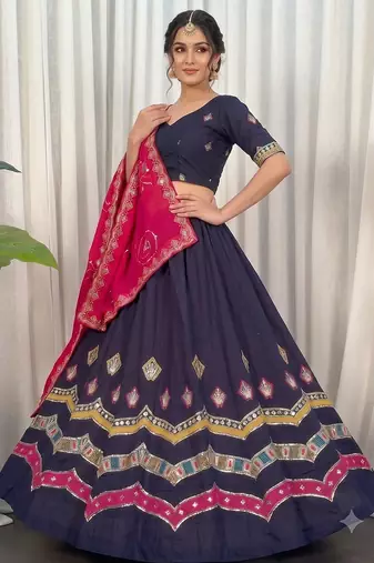 Navratri Special Navy Blue Cotton Lehenga Choli with Hot Pink Dupatta & Heavy Embroidery