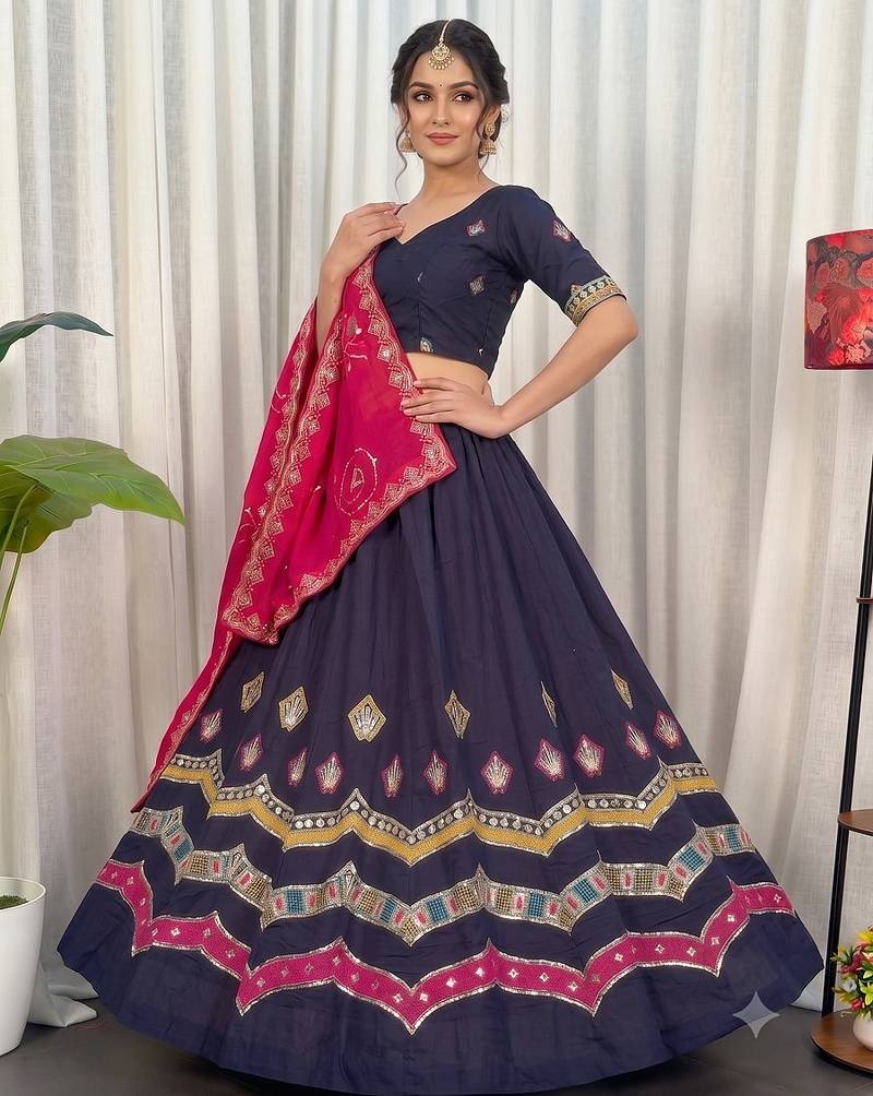 Navratri Special Navy Blue Cotton Lehenga Choli with Hot Pink Dupatta & Heavy Embroidery
