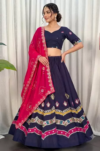 Navratri Special Navy Blue Cotton Lehenga Choli with Hot Pink Dupatta & Heavy Embroidery