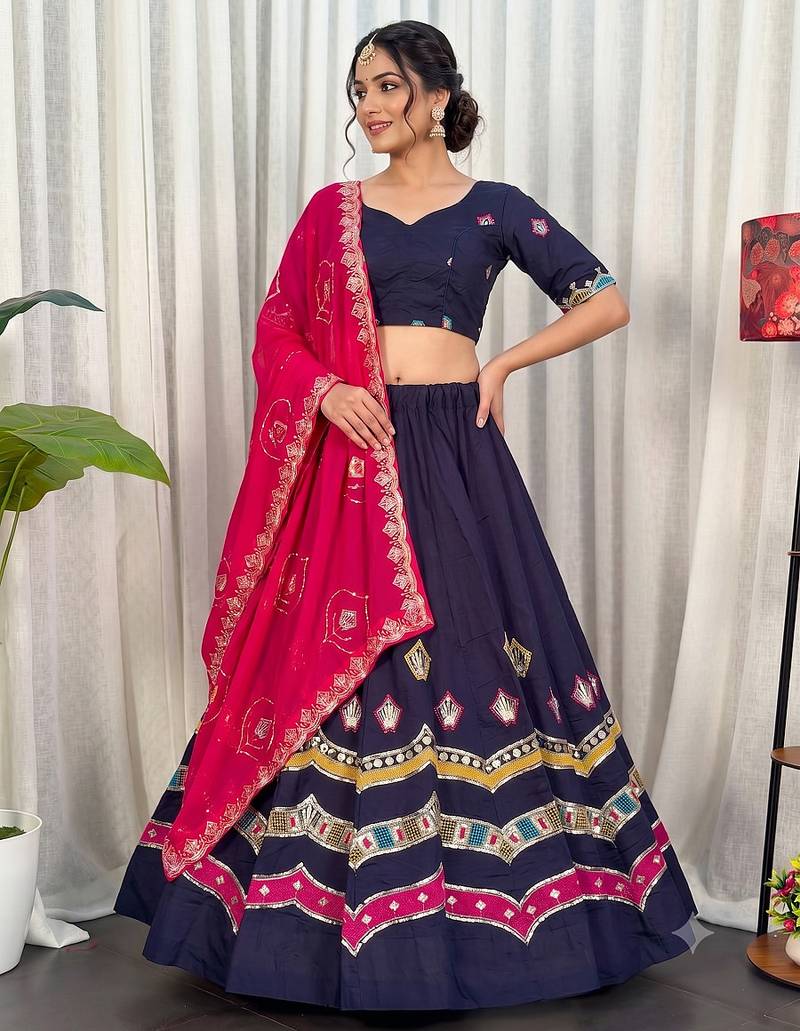 Navratri Special Navy Blue Cotton Lehenga Choli with Hot Pink Dupatta & Heavy Embroidery