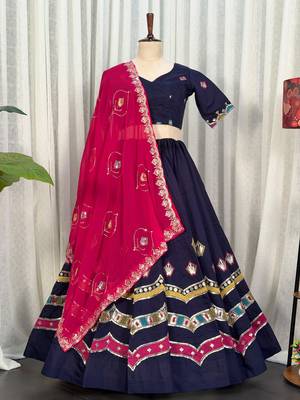 Navratri Special Navy Blue Cotton Lehenga Choli with Hot Pink Dupatta & Heavy Embroidery 4