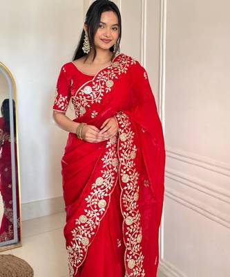 red color sequins embroidery with jaipuri dori work with cutwork border satin silk blend saree  1