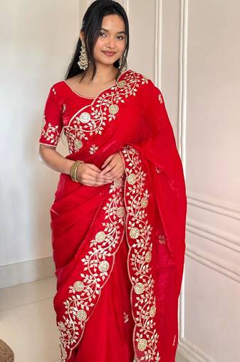 red color sequins embroidery with jaipuri dori work with cutwork border satin silk blend saree 