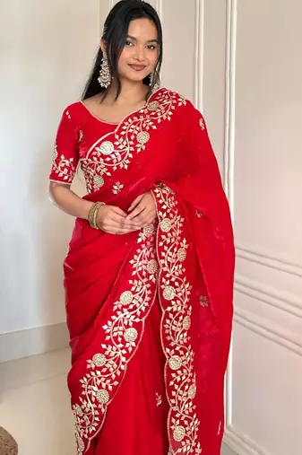 red color sequins embroidery with jaipuri dori work with cutwork border satin silk blend saree 