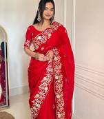 red color sequins embroidery with jaipuri dori work with cutwork border satin silk blend saree 