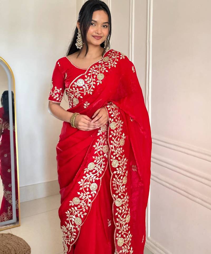 red color sequins embroidery with jaipuri dori work with cutwork border satin silk blend saree 