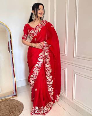 red color sequins embroidery with jaipuri dori work with cutwork border satin silk blend saree  2