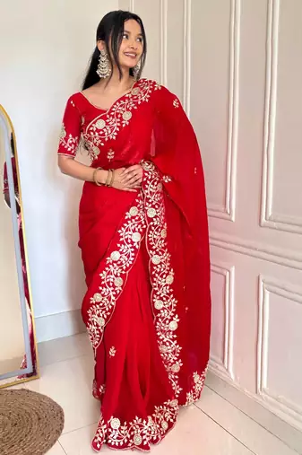 red color sequins embroidery with jaipuri dori work with cutwork border satin silk blend saree 