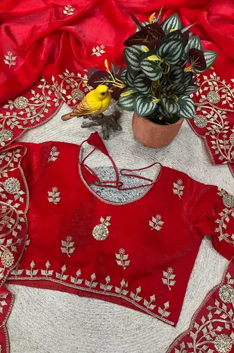 red color sequins embroidery with jaipuri dori work with cutwork border satin silk blend saree 