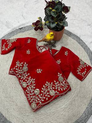 red color sequins embroidery with jaipuri dori work with cutwork border satin silk blend saree  5