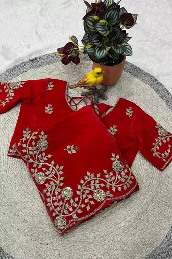 red color sequins embroidery with jaipuri dori work with cutwork border satin silk blend saree 