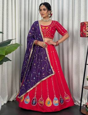 Pink Navratri Special Embroidered Lehenga Choli with Purple Dupatta 1