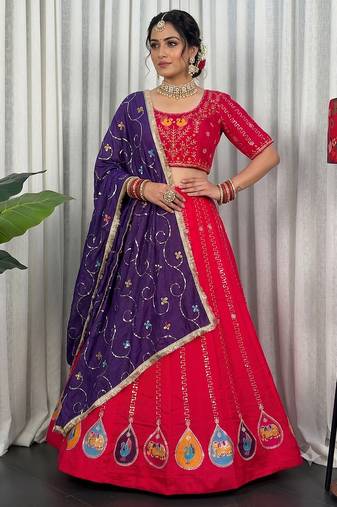Pink Navratri Special Embroidered Lehenga Choli with Purple Dupatta