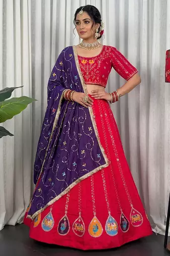 Pink Navratri Special Embroidered Lehenga Choli with Purple Dupatta