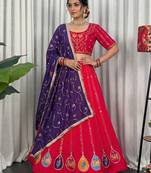 Pink Navratri Special Embroidered Lehenga Choli with Purple Dupatta