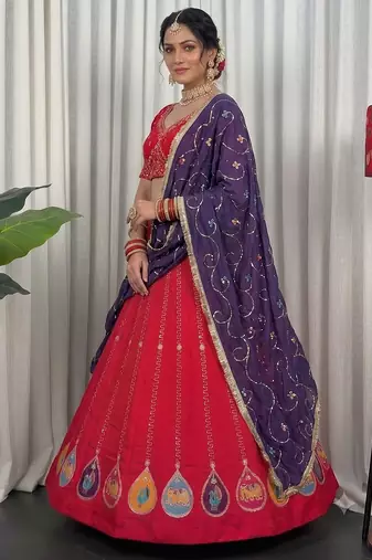 Pink Navratri Special Embroidered Lehenga Choli with Purple Dupatta