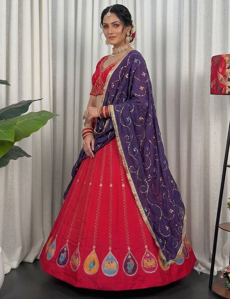 Pink Navratri Special Embroidered Lehenga Choli with Purple Dupatta