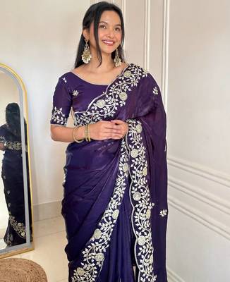 purple color sequins embroidery with jaipuri dori work with cutwork border satin silk blend saree  1