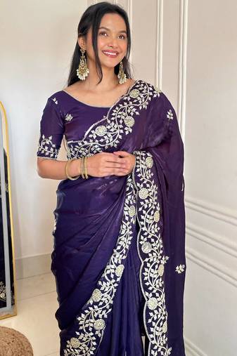 purple color sequins embroidery with jaipuri dori work with cutwork border satin silk blend saree 