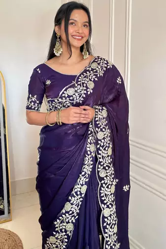 purple color sequins embroidery with jaipuri dori work with cutwork border satin silk blend saree 