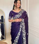 purple color sequins embroidery with jaipuri dori work with cutwork border satin silk blend saree 