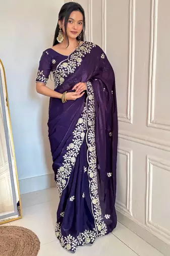 purple color sequins embroidery with jaipuri dori work with cutwork border satin silk blend saree 