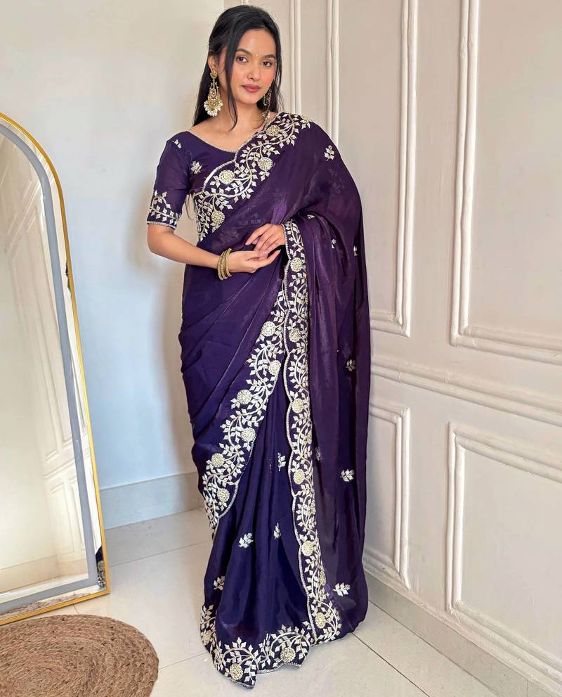 purple color sequins embroidery with jaipuri dori work with cutwork border satin silk blend saree 