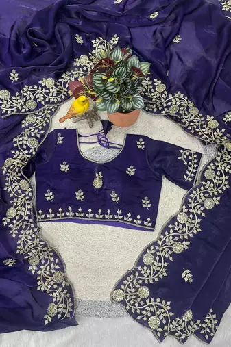 purple color sequins embroidery with jaipuri dori work with cutwork border satin silk blend saree 