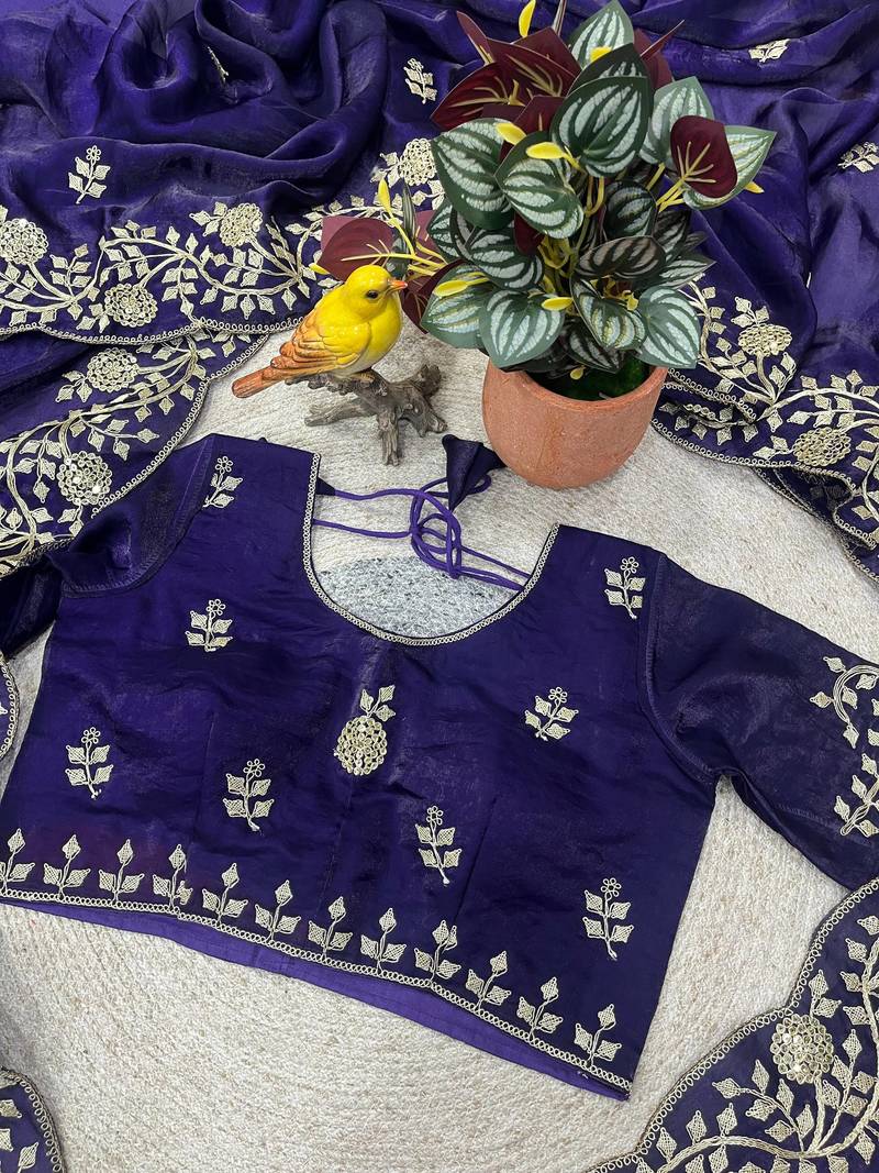 purple color sequins embroidery with jaipuri dori work with cutwork border satin silk blend saree 
