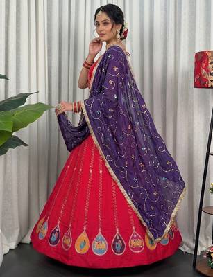 Pink Navratri Special Embroidered Lehenga Choli with Purple Dupatta 3