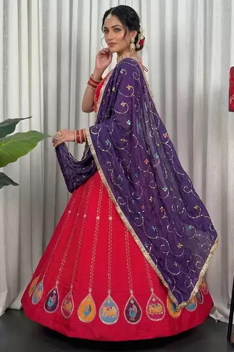 Pink Navratri Special Embroidered Lehenga Choli with Purple Dupatta