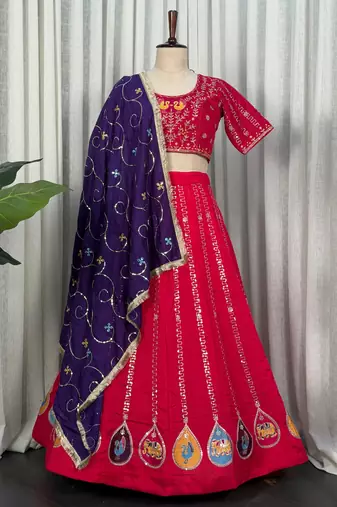 Pink Navratri Special Embroidered Lehenga Choli with Purple Dupatta