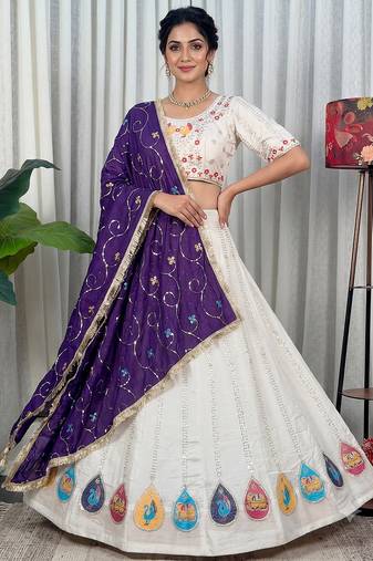 White Navratri Special Embroidered Lehenga Choli with Purple Dupatta