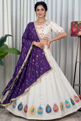 White Navratri Special Embroidered Lehenga Choli with Purple Dupatta