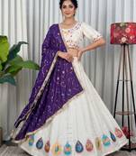 White Navratri Special Embroidered Lehenga Choli with Purple Dupatta