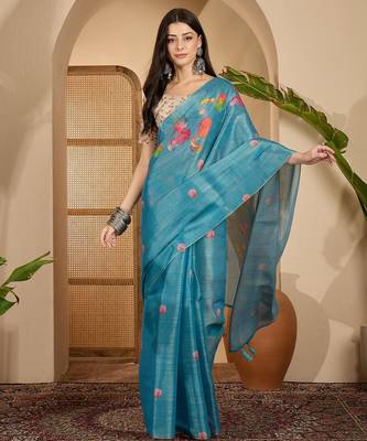 teal blue eroad silk blend saree with digital floral print soft lightweight ethnic festive saree 1