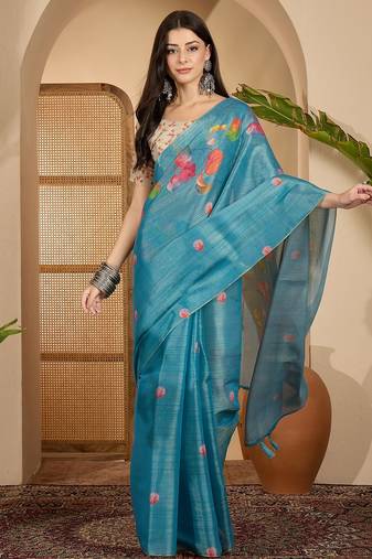 teal blue eroad silk blend saree with digital floral print soft lightweight ethnic festive saree