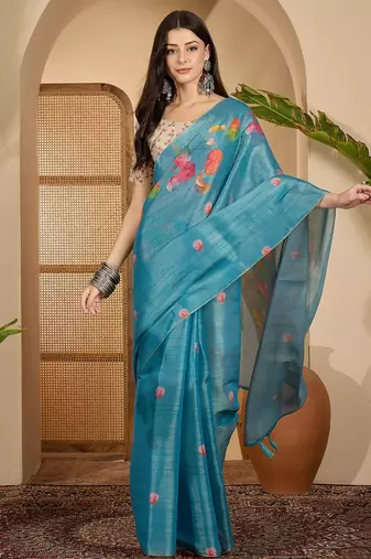 teal blue eroad silk blend saree with digital floral print soft lightweight ethnic festive saree