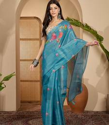teal blue eroad silk blend saree with digital floral print soft lightweight ethnic festive saree